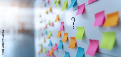 A close-up of colorful sticky notes on a wall, with a question mark symbolizing brainstorming and idea generation in a collaborative workspace. photo