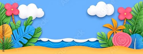 Modern cartoon illustration of an exotic summer island landscape with waves washing along the coast, mountains on the horizon and clouds above the water in a blue sunny sky.