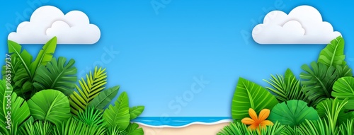 A tropical lagoon with a sandy beach and palm trees. Modern cartoon illustration showing waves washing the coast, mountains on the horizon, and clouds above the water in a brilliant blue sky.