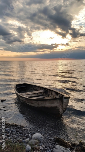 Canoe on Lake, canoe on shore of a lake with an island