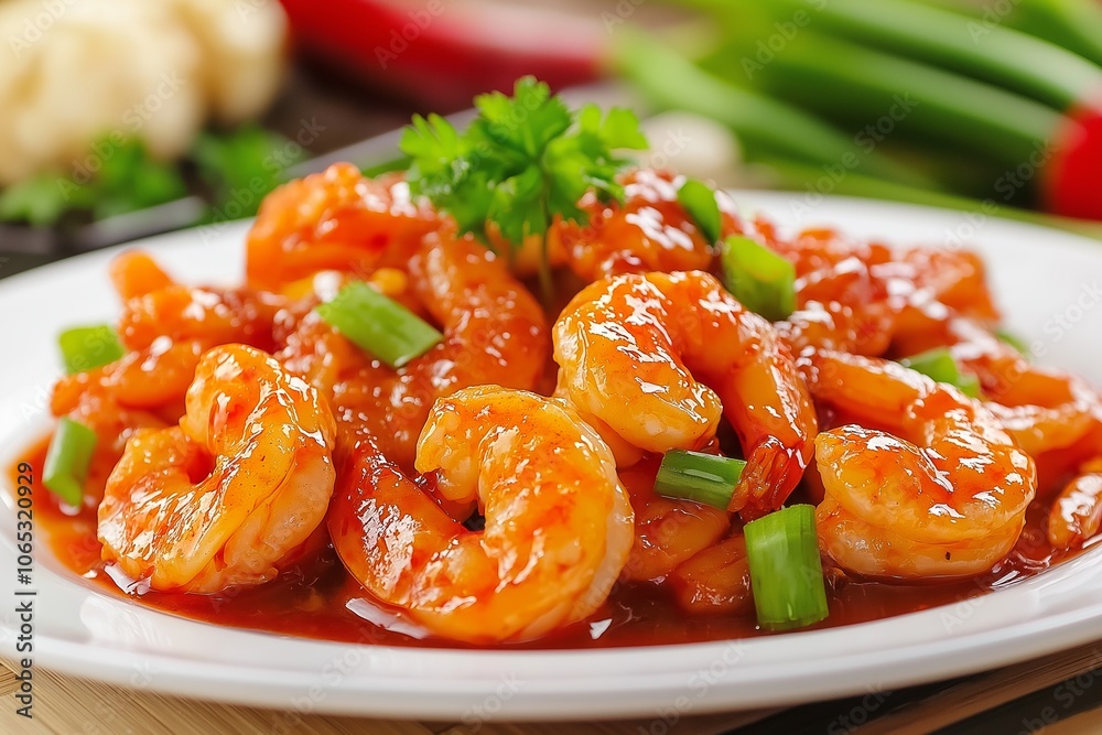A plate of juicy shrimp covered in spicy sauce, topped with green onions, presented on a fresh and colorful dish.