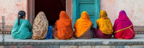 Six women in colorful saris sit with their backs turned against a textured wall in traditional setting. photo