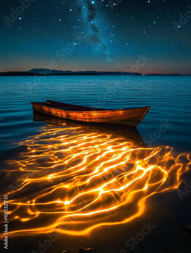 Canoe on Lake, canoe on shore of a lake with an island photo