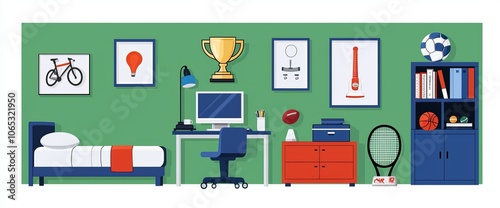 Teenage boy's bedroom. Cartoon background of bedroom. Study furniture for child in house. Indoor darts and workspace near window in apartment. Young gamer's house with shelf and computer.