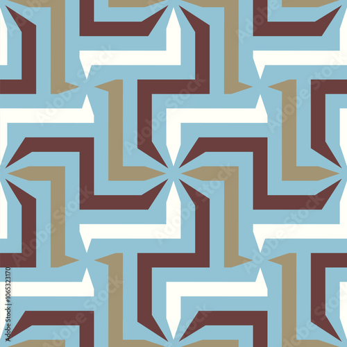 Abstract geometric motif with a retro composition of white and brown spiral lines on a light blue background. Seamless repeating pattern. Vector illustration.