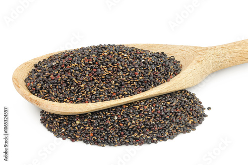 black quinoa in wooden spoon isolated on white background photo