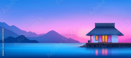 Sunset sky and sea beach view from terrace modern. Summer island horizon with tropic palm trees at night. Sunset in heaven landscape from balcony window. Vacation in beautiful paradise house.