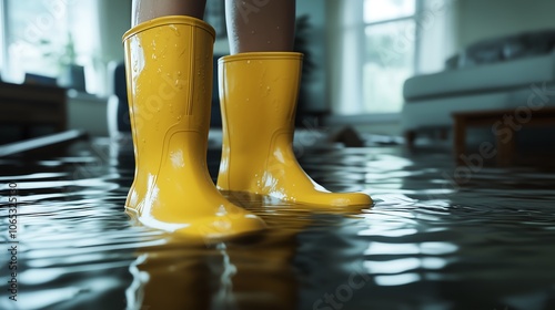 Depicting flood damage inside a house, with water partially covering the floor. Show a person’s legs wearing yellow rain boots standing in the water, emphasizing the impact of the flooding.