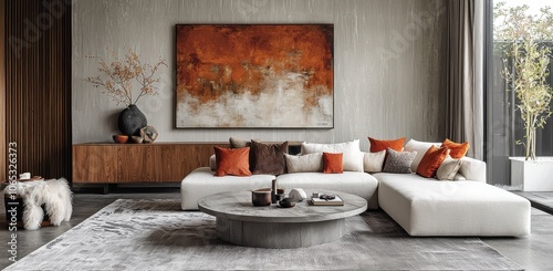 Wallpaper Mural Modern living room with abstract art, cozy sectional sofa, and earthy tones creating a warm, inviting atmosphere Torontodigital.ca