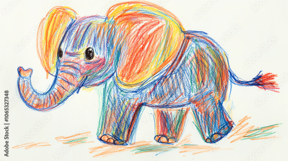 Obraz premium Simple crayon drawing of a happy elephant with big floppy ears and a tiny tail, drawn with uneven, colorful lines and childlike charm