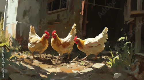 Chickens Pecking in Bright Light Near Coop photo