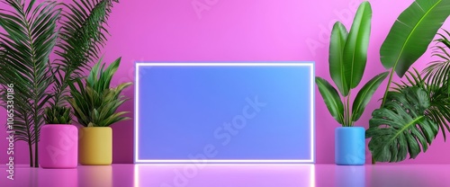 Tropic summer party banner template with neon light rectangle on black background, palm tree and monstera leaves.