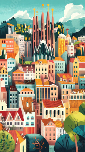 Vertical illustration of Barcelona city, Spain