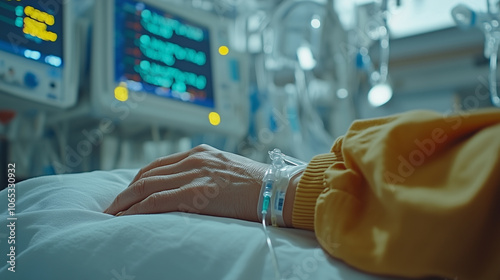 Close-up of a patient hand resting on a hospital bed, IV drip attached, background blurred with medical equipment, hospital room photo