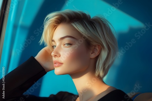 Photography of a young woman sitting on an isolated bus chair with a blue background, brushing her hair back with her hand, captured from a side view. 4K Resolution, plain background photo