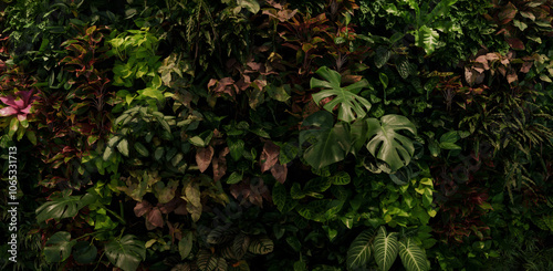 Group background of dark green tropical leaves ( monstera, palm, coconut leaf, fern, palm leaf,bananaleaf) Panorama background. concept of nature