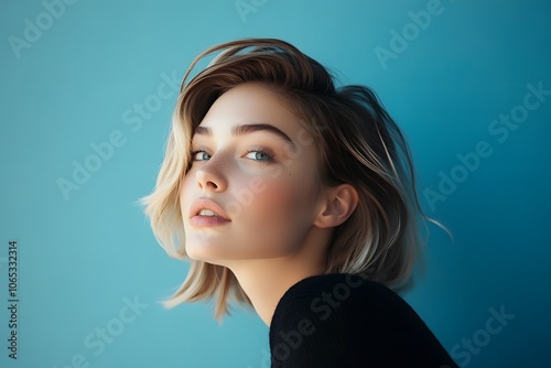 Photography of a young woman leaning forward in her seat, looking intensely at something ahead with a blue background, side view. 4K Resolution, plain background photo