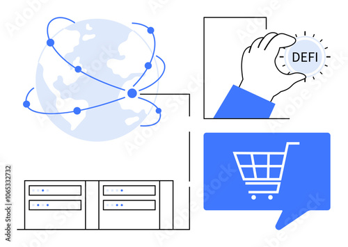 Connected globe, hand holding defi token, shopping cart icon, and servers emphasize decentralized finance network, e-commerce, global connectivity. Ideal for fintech, blockchain, cryptocurrency