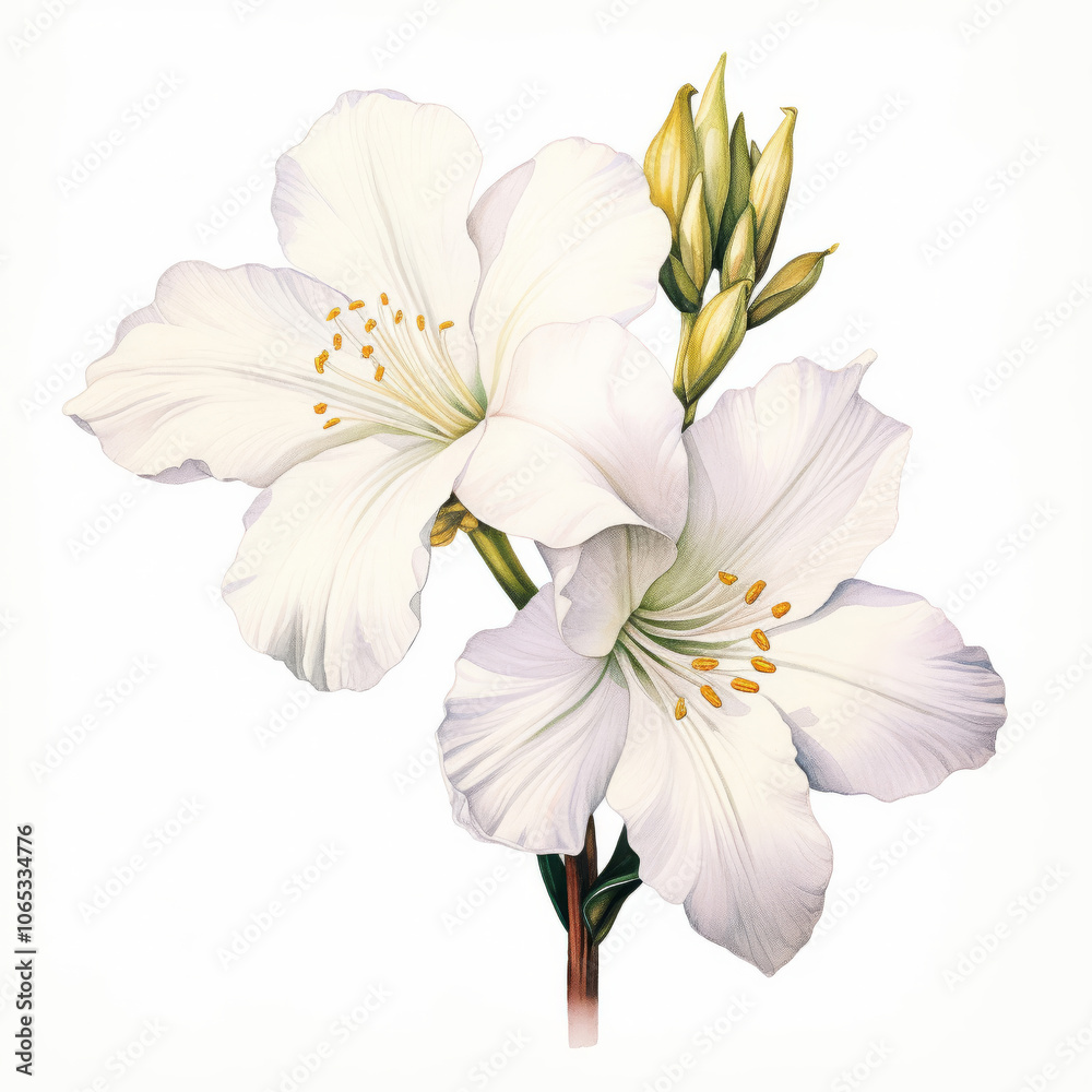 Obraz premium Delicate White Flowers with Green Leaves on White Background