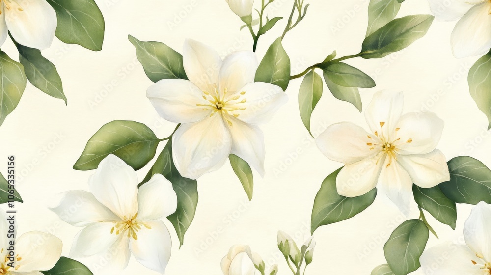 Obraz premium Watercolor Painting of White Flowers and Green Leaves