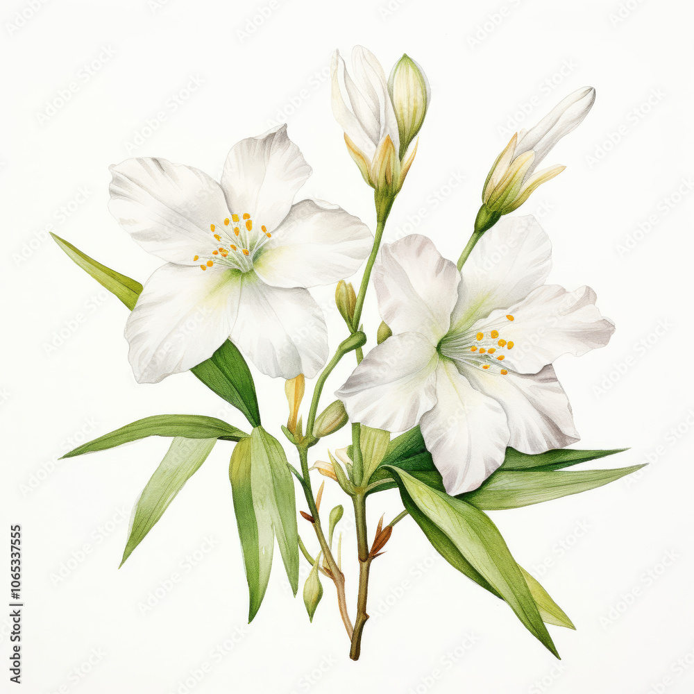 Obraz premium Delicate White Flowers with Green Leaves on White Background