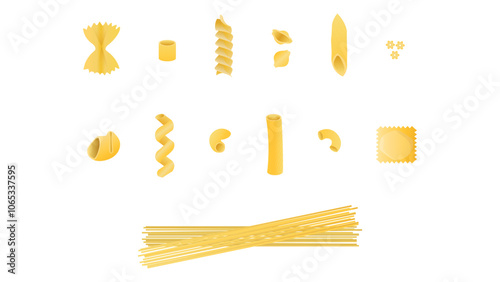 Different sorts of pasta. Set of different types of Italian pasta.Farfelle, ditalini, fusilli, conchigle rigate, penne, stelle, lumaconi, cavatappi,gomiti,elbow macaroni, ravioli,spaghetti,tortiglioni