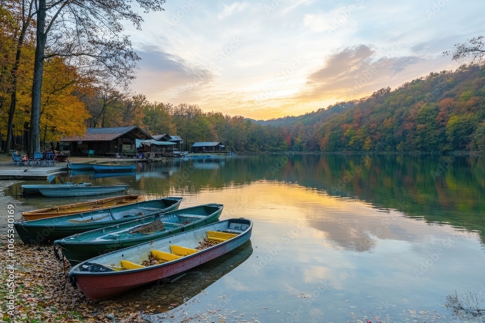 Obraz premium A group of small boats are docked at a lake