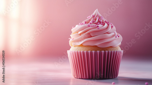 Sweet Serenity. This delightful and colorful pink cupcake. The soft pink background and vibrant frosting create a whimsical, dreamy feel