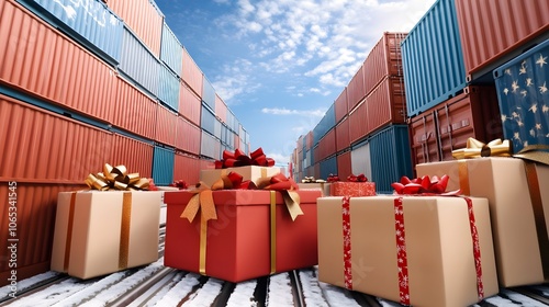 A vibrant scene of colorful shipping containers flanked by festive gift boxes, set against a clear blue sky.