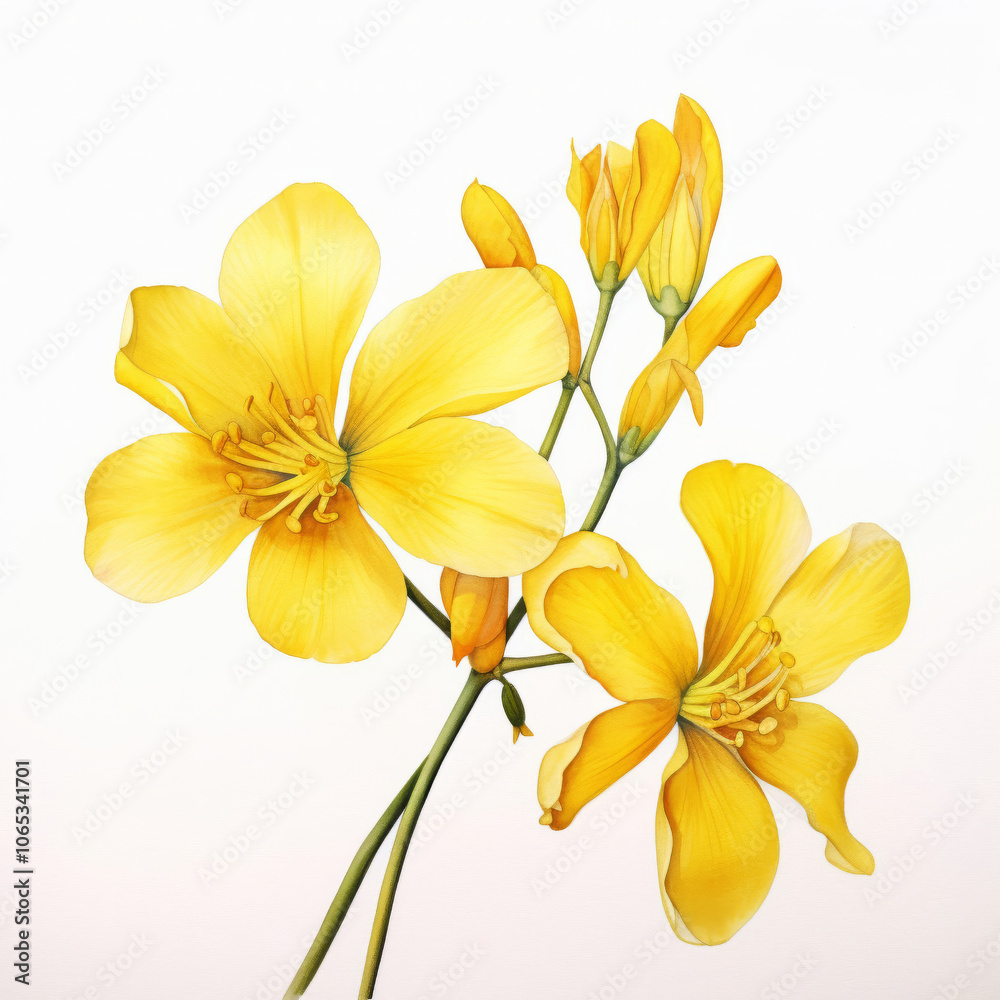 Fototapeta premium Bright Yellow Flowers with Green Leaves on White Background