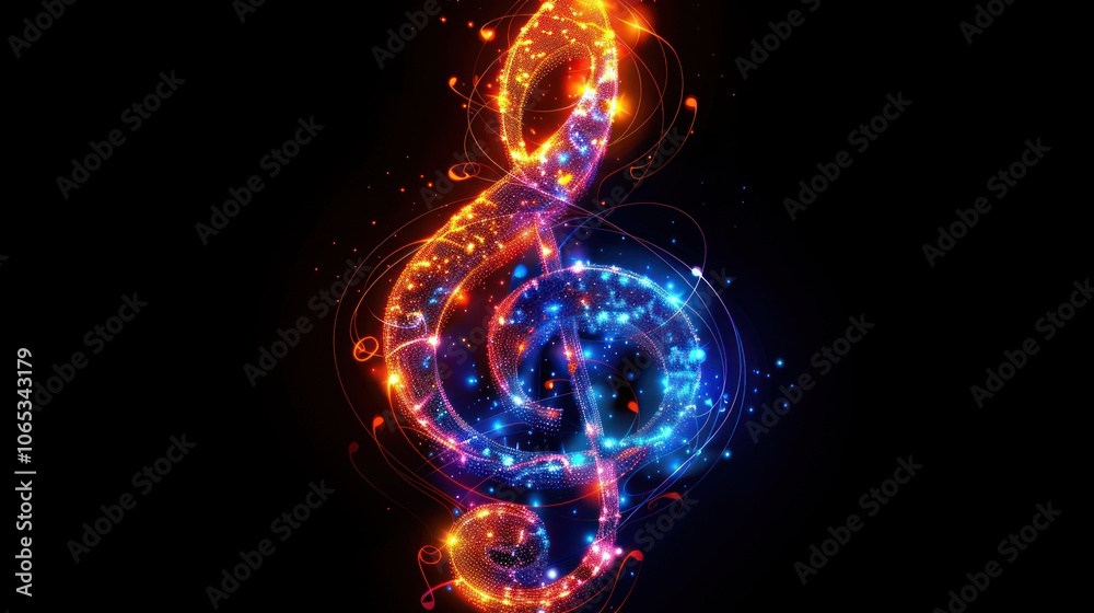 Obraz premium A vibrant treble clef shines bright in a swirling dance of colorful lights against a dark background. Generative AI