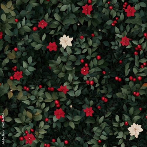 Illustrated Seamless Holly and Leaf Background Design