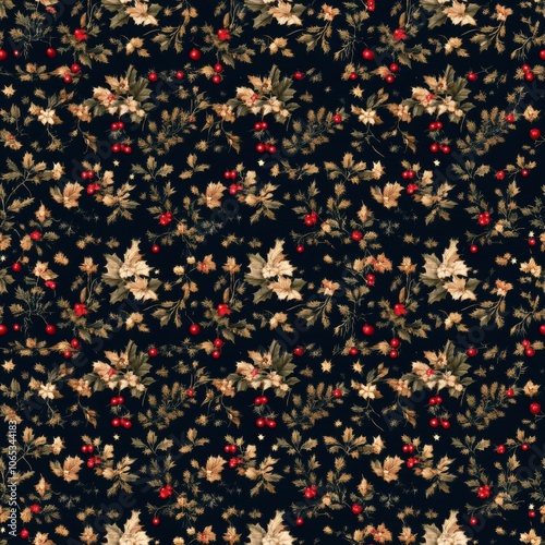 Illustrated Seamless Holly and Leaf Background Design