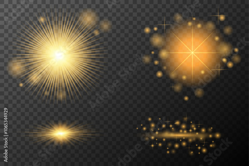 Light Effects Set Golden isolated flare, explosion, shiny dust line, sun flare, star spark, neon light, vector element