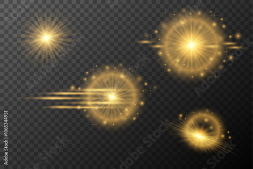 Light Effects Set Golden isolated flare, explosion, shiny dust line, sun flare, star spark, neon light, vector element