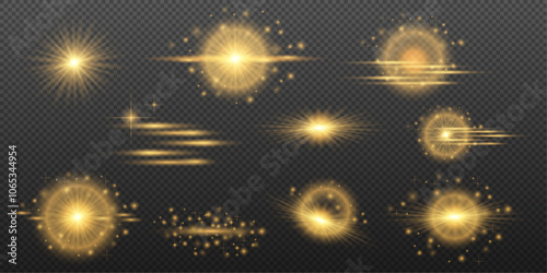 Light Effects Set Golden isolated flare, explosion, shiny dust line, sun flare, star spark, neon light, vector element