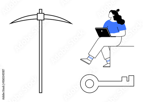 Woman sitting with laptop, large pickaxe, and key symbolizing digital mining and security. Ideal for technology, cybersecurity, data mining, blockchain, online security, digital workspaces