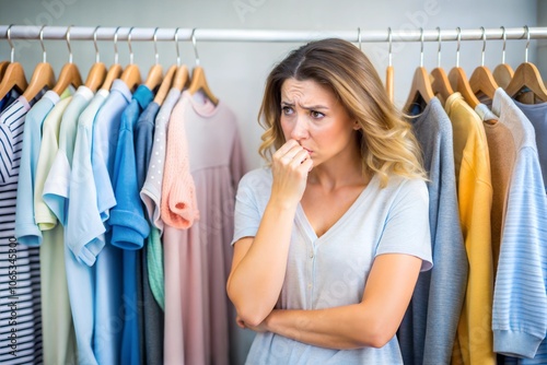 A woman stands in front of a clothes rack, one hand touching her face. Her expression is thoughtful, creating an atmosphere of contemplation and choice.