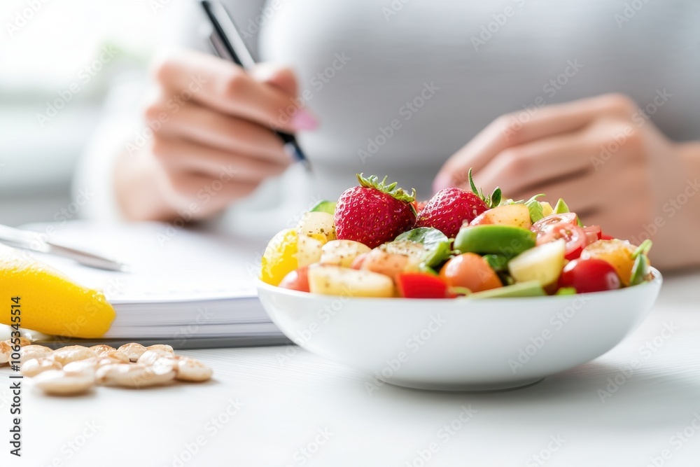 Woman Tracking Weight Loss Progress with Healthy Food
