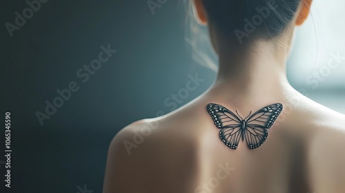 A woman with a butterfly tattoo on her back, symbolizing transformation, high detail, dark background, soft light accenting tattoo
