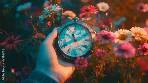 A person holding a clock with flowers growing through it, symbolizing time s effect on life, surreal, vibrant colors, high detail photo