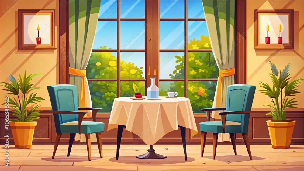 Obraz premium Cozy Cafe Reserved Table Illustration with Comfortable Chairs and Dining Accessories