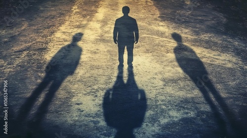 A person s shadow splitting into multiple directions, representing uncertain paths, dark moody lighting, surreal, high contrast
