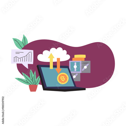 The image features a laptop with a bitcoin on a cloud surrounded by a chart, arrow, plant, and graphic on a purple background. It is suitable for cryptocurrencyrelated designs. photo