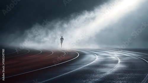 Lone Athlete Training on Empty Track under Dramatic Light