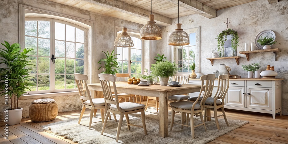 Obraz premium Cozy Farmhouse Dining Room in Boho Style with Bleached Wooden Table and Beige Accents, Perfect for Urban Exploration Photography