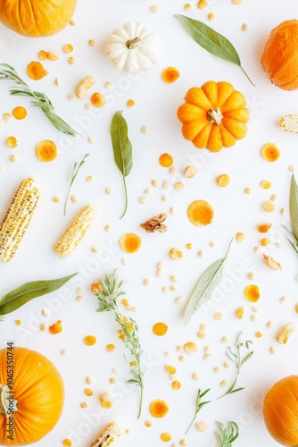 Fresh oranges and corn on white surface, vibrant colors, healthy food photo