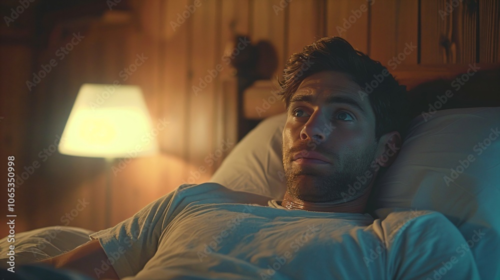 Fototapeta premium Man lying in bed with wide-open eyes, showing deep concern and fatigue, unable to sleep in dimly lit room with soft glow from nightstand lamp.