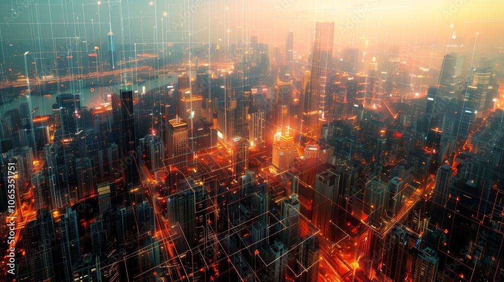 High above, a breathtaking view captures a futuristic cityscape as sunlight fades, revealing sleek skyscrapers with digital data lines, symbolizing tech and progress in an urban metropolis High above, a breathtaking view captures a futuristic cityscape as sunlight fades, revealing sleek skyscrapers with digital data lines, symbolizing tech and progress in an urban metropolis
