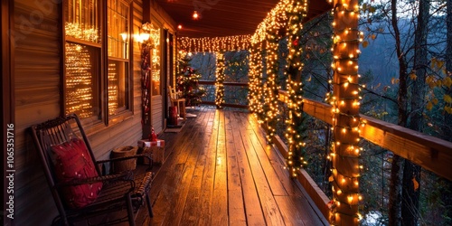 Christmas lights draped along a wooden porch, creating a cozy, festive atmosphere.